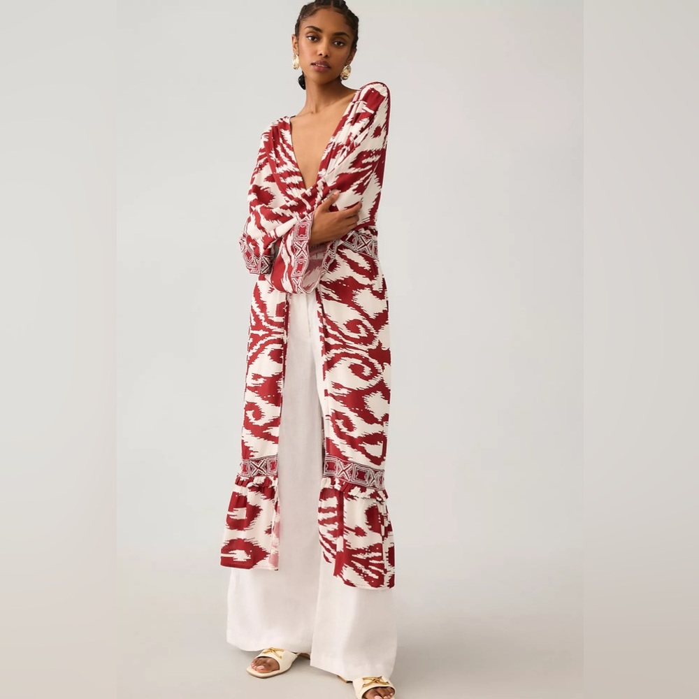 NWT Anthropologie Women's Red Printed Front Ring Kaftan Cover Up Kimono Size M/L - Picture 4 of 4